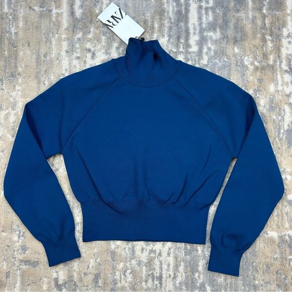 NWT Zara Blue Knit Mock Neck Top With Shoulder Pads Small - Picture 1 of 8